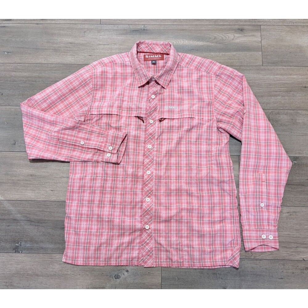 Simms Fishing Mens M Long Sleeve Button Up Plaid Zip Pockets Quick Dry Shirt